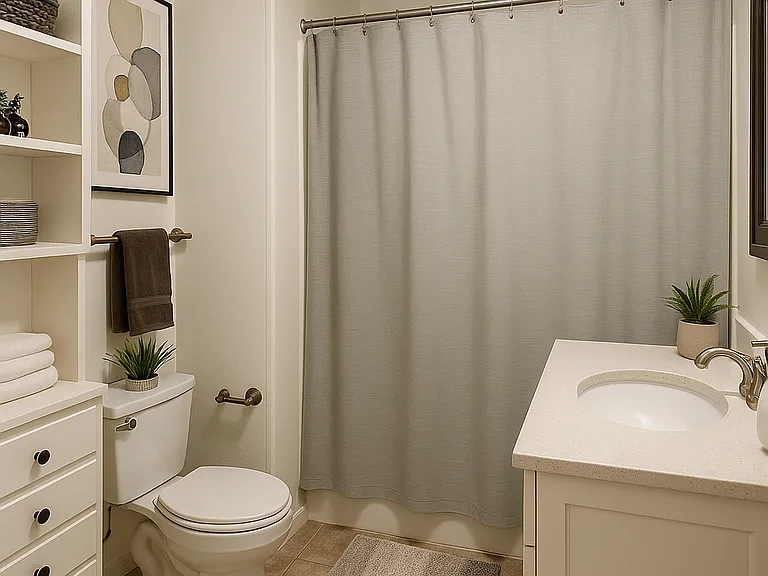 Back full bath with tub/shower and extra cabinets and shelves for storage
