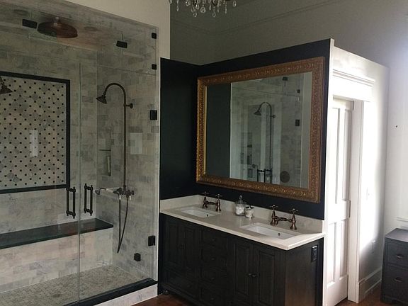 double sink with antique mirror