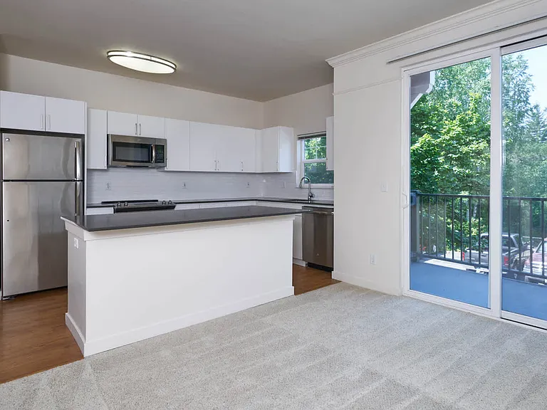 Kitchen with Stainless Steel Appliances and Balcony