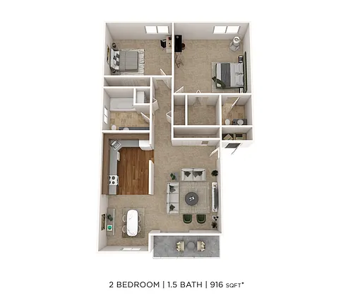 Floor plan Two Bedroom 1.5 Bath-916 sqft