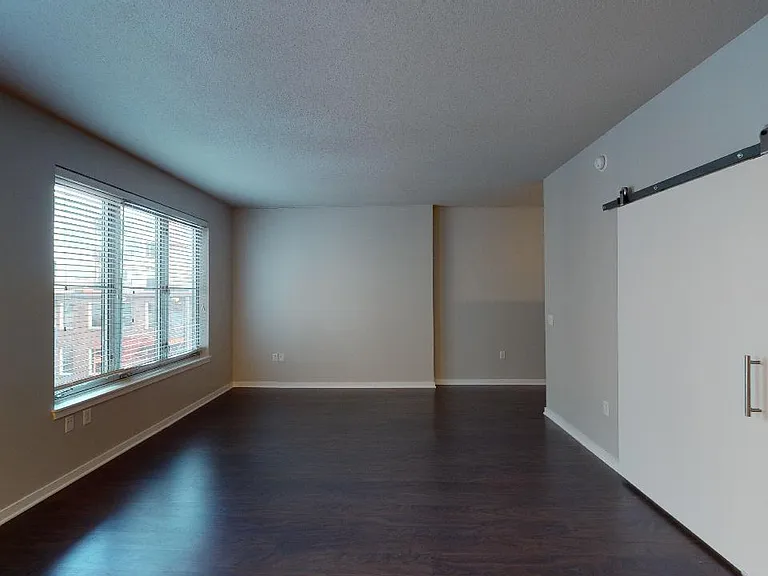 Apartment living room with wood-style flooring.