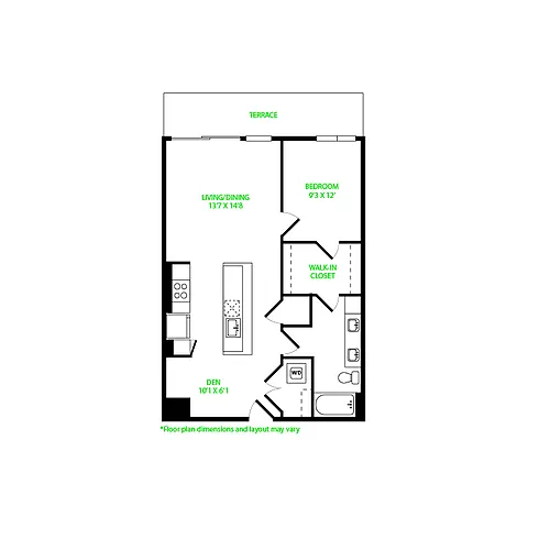 Floor plan 1x1 + Den P.1W