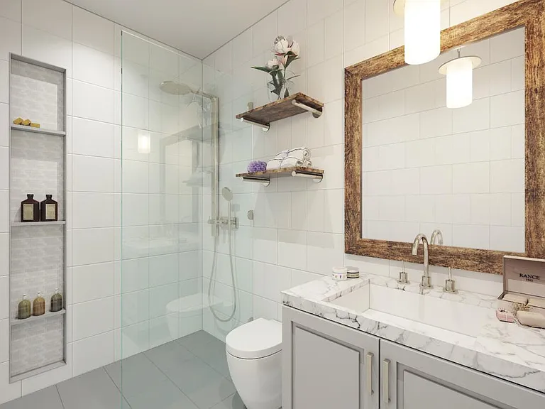 Rendering to depict bathroom design after renovations