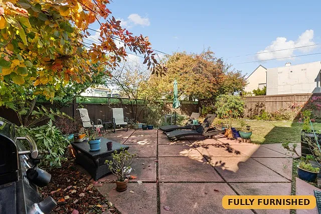 Backyard patio with sun loungers and BBQ is just outside the bonus space downstairs.