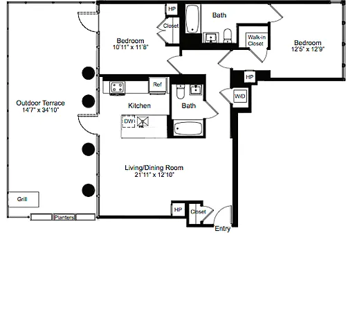 Floor plan Two Bedroom D 14 with Terrace