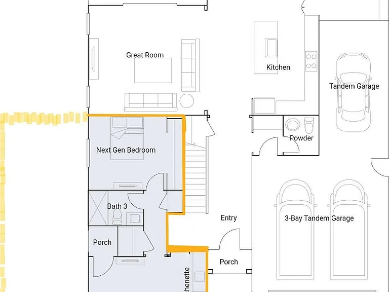 Thoughtfully designed layout: Experience true independence with your own private yard, living area, kitchenette, and high-end bathroom. This floor plan is optimized for comfort and efficiency.