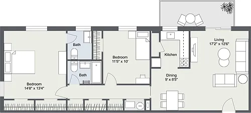 Floor plan 2 Bedroom 1.5 Bath Apartment