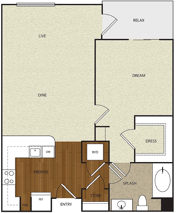 Floor plan 1 Bed 1 Bath 2C