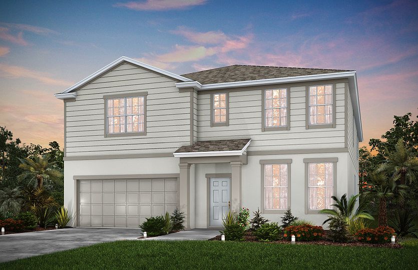 The Valencia, a two-story family home with a 2 car garage, shown in Home Exterior 1