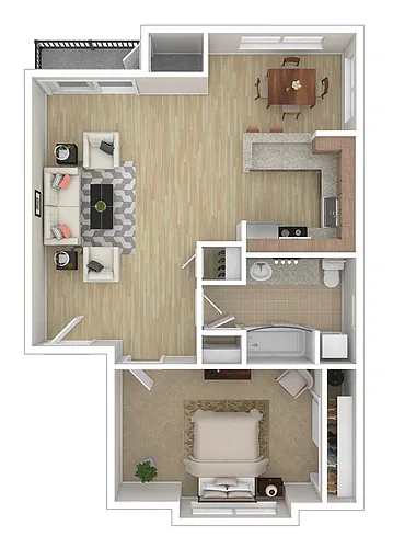 Floor plan 1 BR x 1 BA with W/D - B