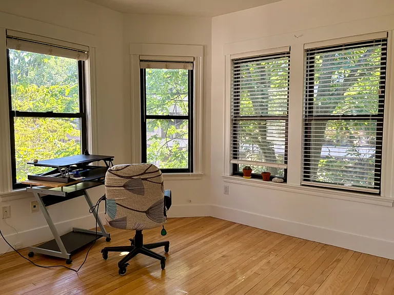 August 2026: Bedroom as office, with premium 2" blinds.