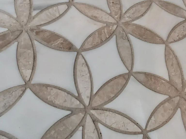 Italian marble hearth feature sacred geometry called "Flower of Life"