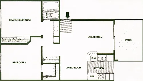 Floor plan 2 Bedroom, 1 Bath w/ Patio