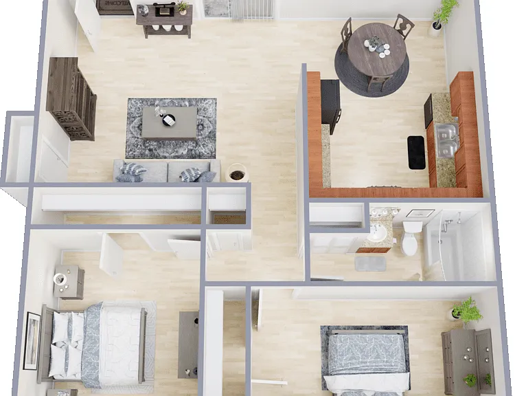 2 bed 1 bath B (4249) Floorplan Diagram