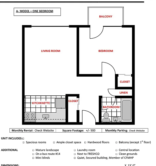 Our Model A - 1 bedroom, is available on all three floors, has an open concept kitchenette-living room.
