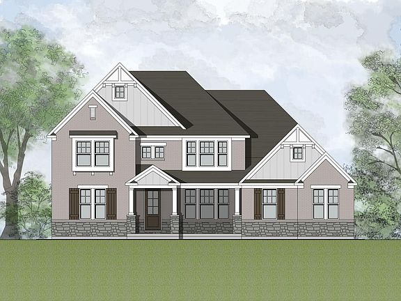 brick, stone, board and batten house with front porch