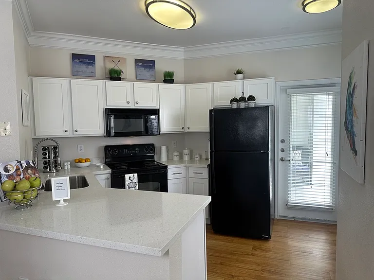Sleek modern kitchen with white cabinetry, black appliances, quartz countertops, and inviting natural light. Spacious countertops and decorative elements create an ideal culinary space. Sleek modern kitchen with white cabinetry, black appliances, quartz c