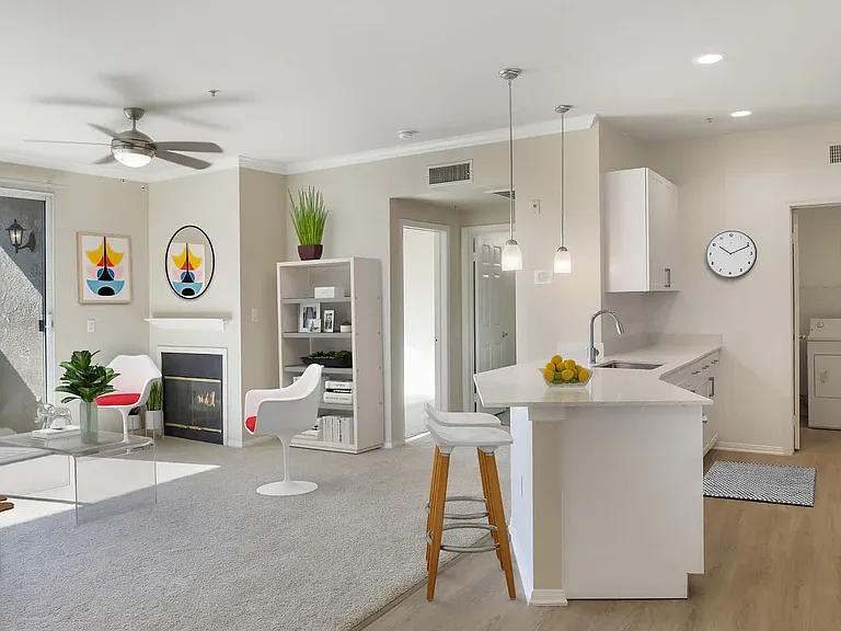 Kitchen and Living Room with Fireplace and Balcony