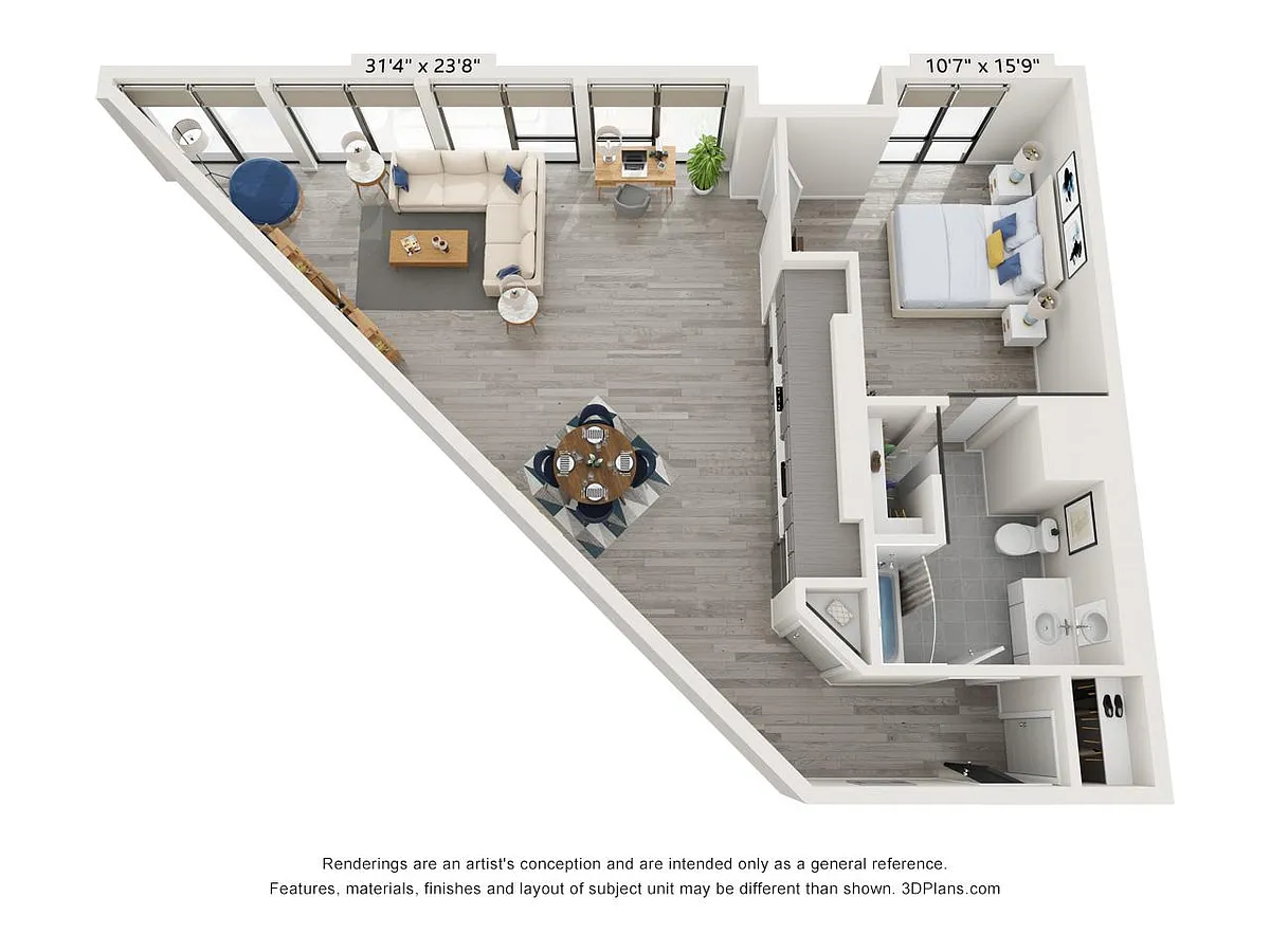 Floor plan Large Corner 1 Bedroom