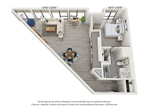 Floor plan Large Corner 1 Bedroom
