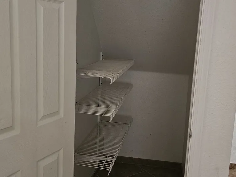 Additional lower-level storage closet featuring built-in shelving for convenient organization.