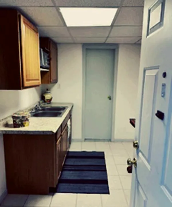Small efficiency Kitchen. Included is a new refrigerator, microwave and Toaster oven for your convenience