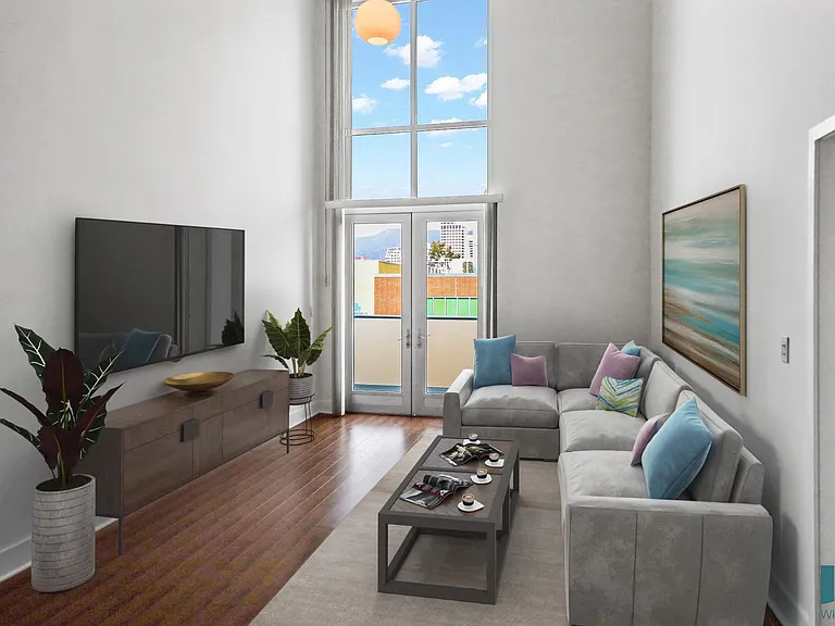 Living Room with Floor-to-Ceiling Windows, Vinyl Flooring, and Balcony