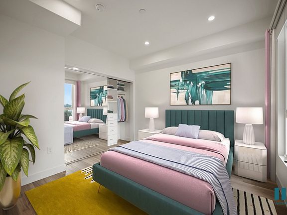 Bedroom with Large-Size Windows and a Mirrored Closet with Built-In Drawers - Pear Floor Plan