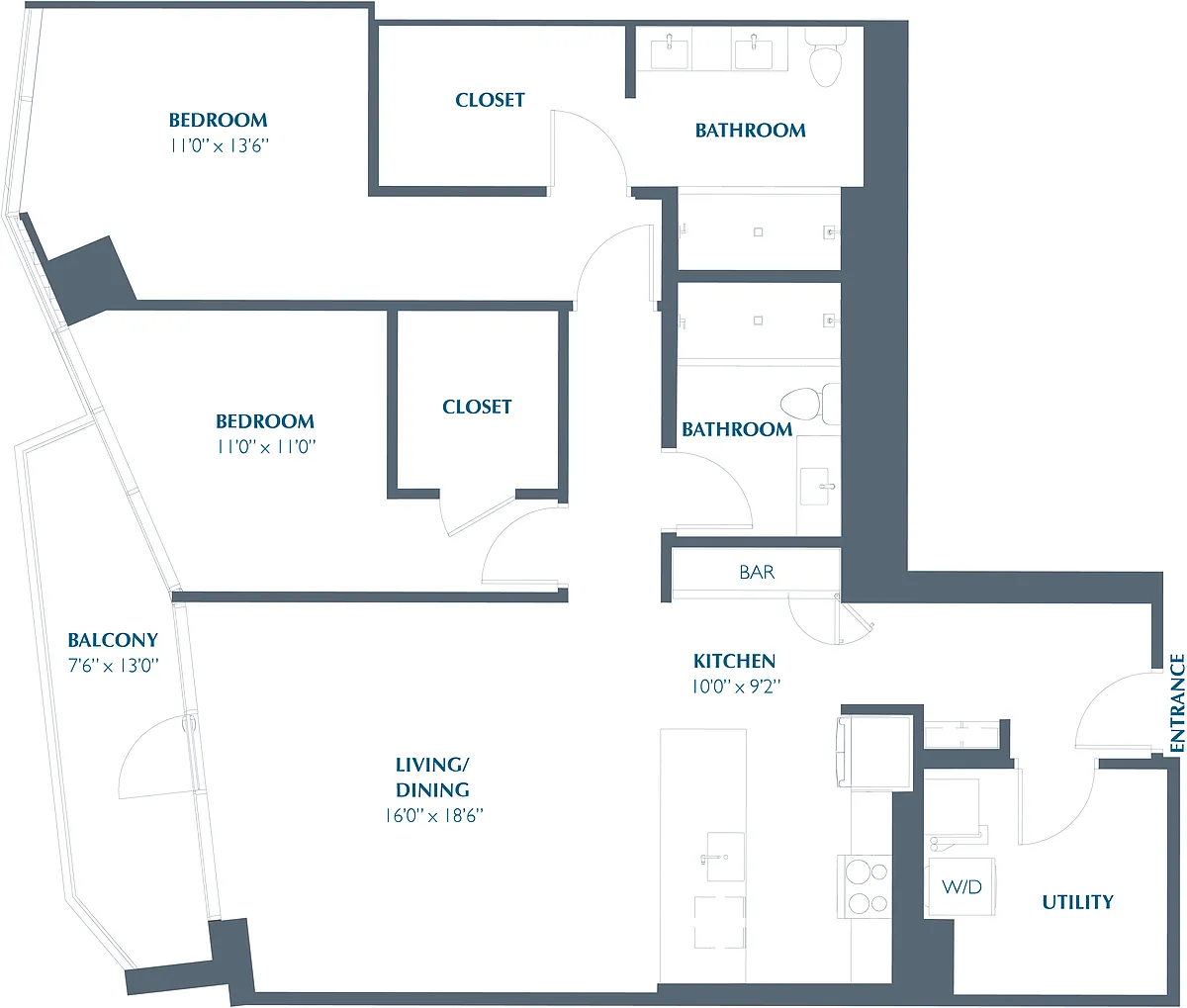 Floor plan 2BR 2BA (1343 SF)