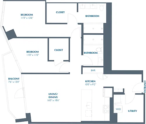 Floor plan 2BR 2BA (1343 SF)