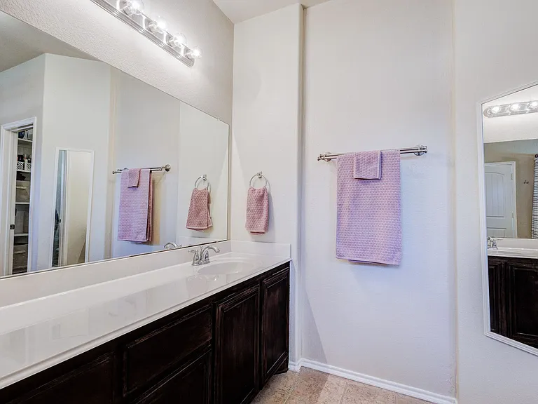 View of the Primary bath showing the large vanity with lots of counter space