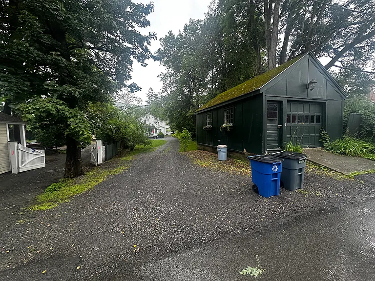 View from Hoffman lane, entrance to parking and back yard. Garage not for tenants.