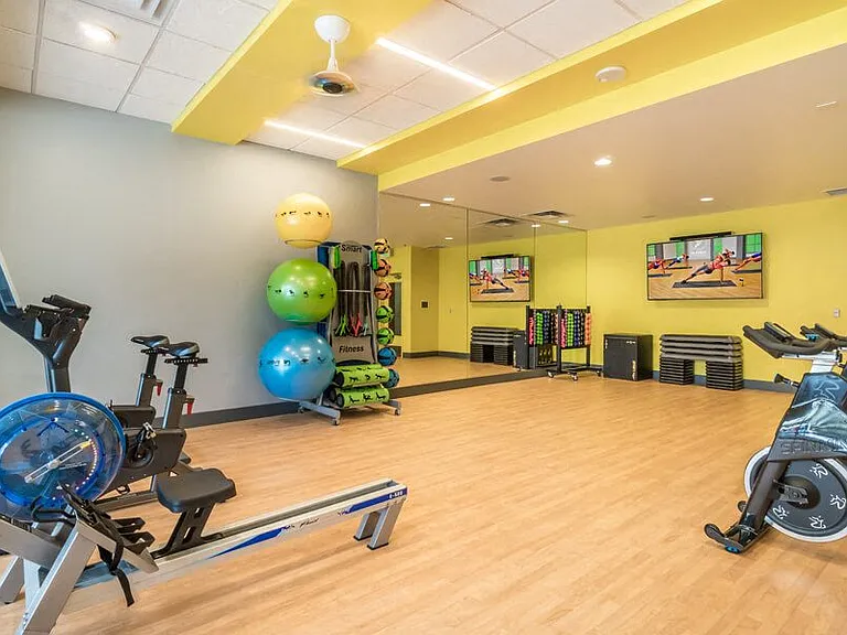 Fitness studio with virtual training classes, spin bikes and water rower