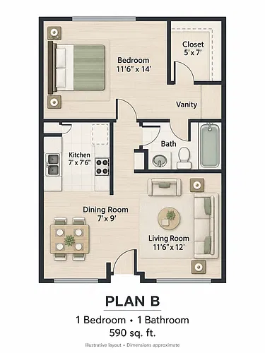 Floor plan 1 Bedroom, 1 Bath