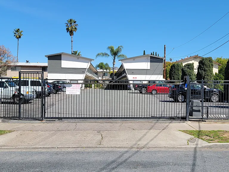 Front gate at Orland Woods Apartments in El Cajon, California.