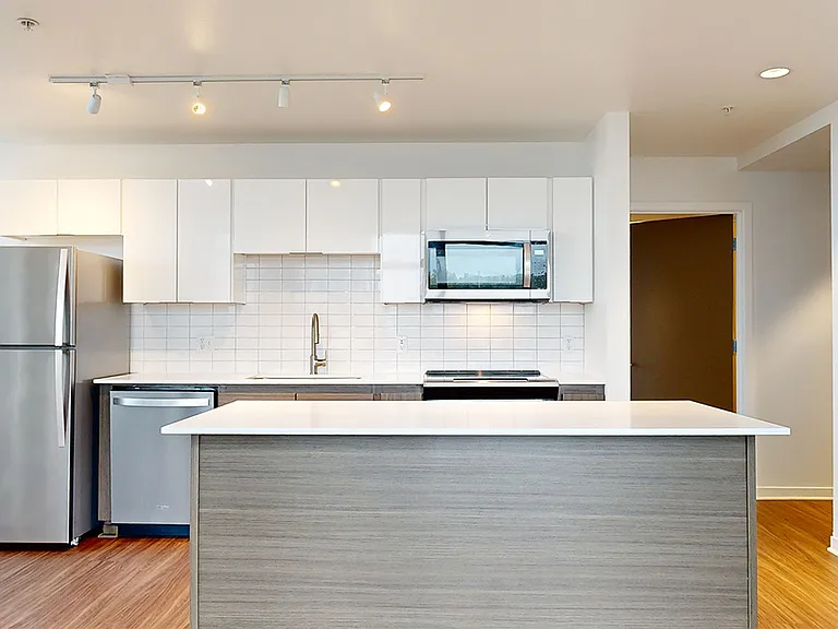 Apartment kitchen with stainless steel appliances, quartz countertops and wood-style flooring.