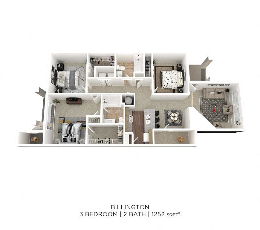 Floor plan Three Bedroom 2 Bath - 1,252 sqft