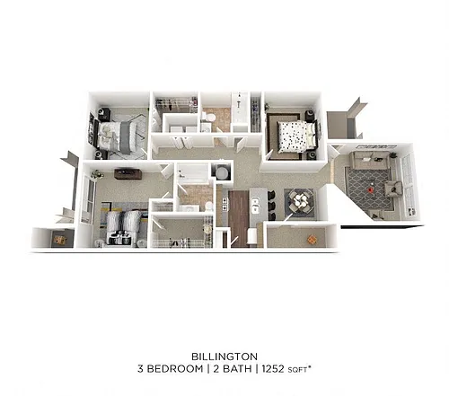 Floor plan Three Bedroom 2 Bath - 1,252 sqft