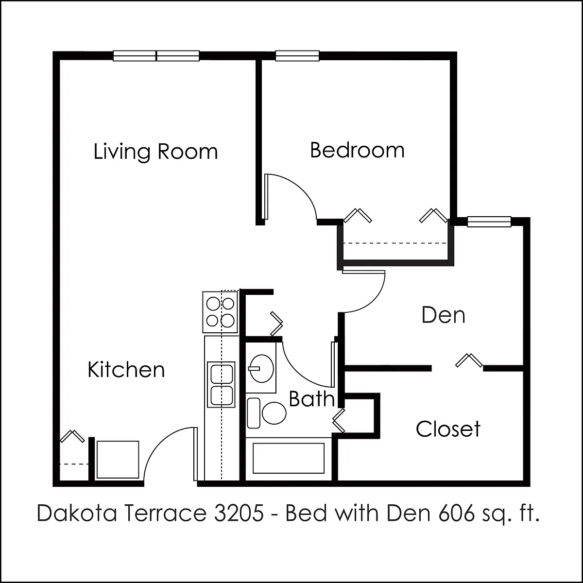 Floor plan 1 Bed 1 Bath Den | 606 sq ft