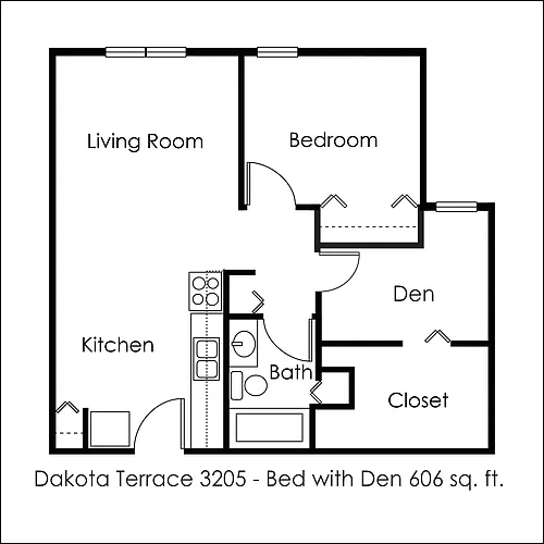Floor plan 1 Bed 1 Bath Den | 606 sq ft