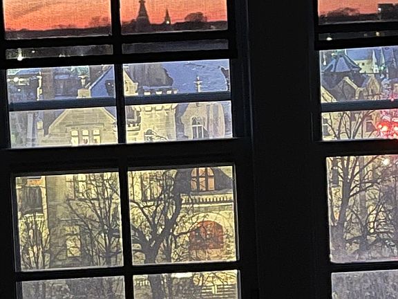 Again, looking out west facing windows from living room and dining room at sunset ... this is looking towards uptown and the American Swedish Institute (ASI).