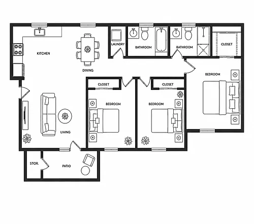 Floor plan 3 Bedroom 2 Bath