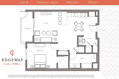 Floor plan Plan 1B - 1 Bedroom + Study, 1 Bath