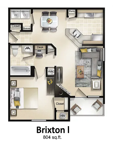 Floor plan 1 Bedroom with Sunroom or Patio Brixton
