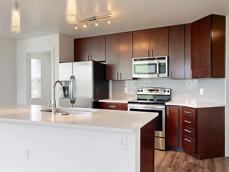 Apartment kitchen with stainless steel appliances, quartz countertops, and wood-style flooring.