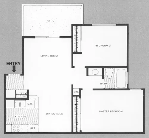 Floor plan 2 Bedroom, 1 Bath w/ Patio