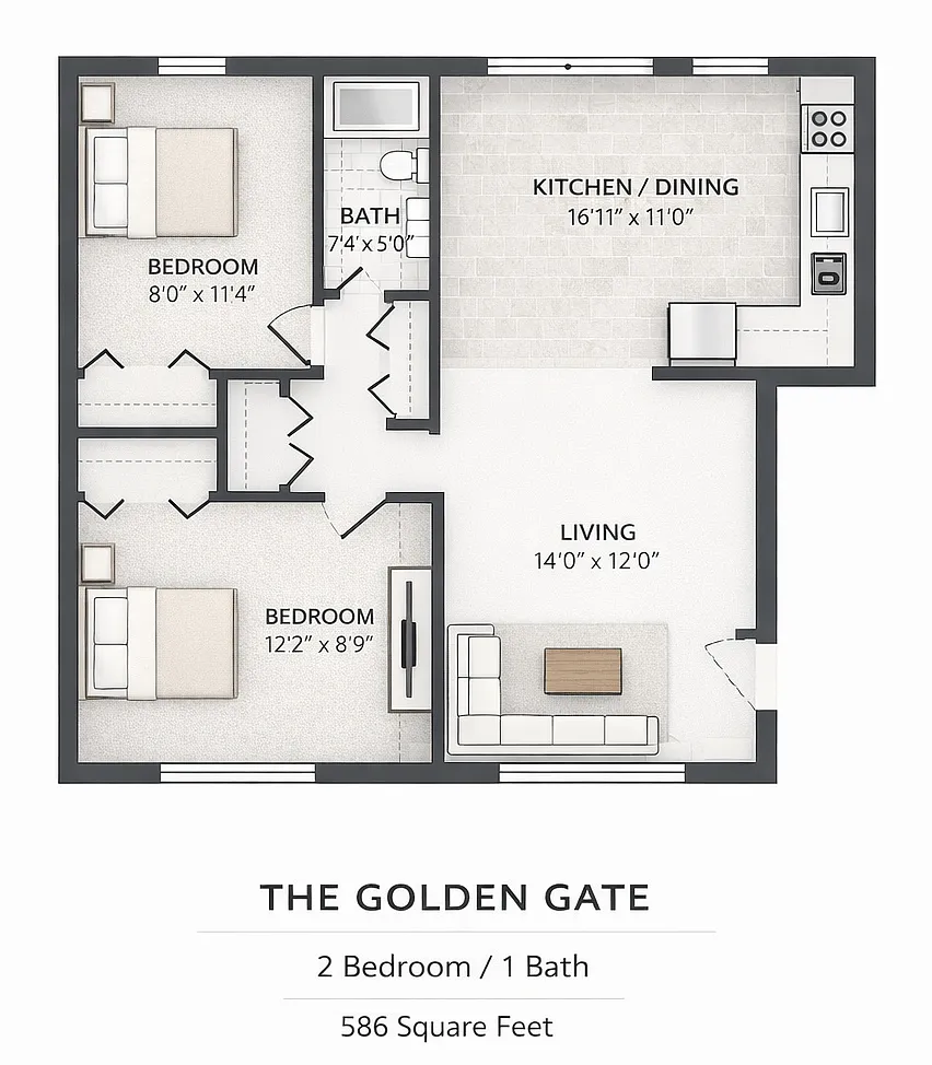 Floor plan 2 Bed 1 Bath - The Golden Gate