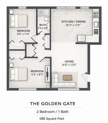 Floor plan 2 Bed 1 Bath - The Golden Gate