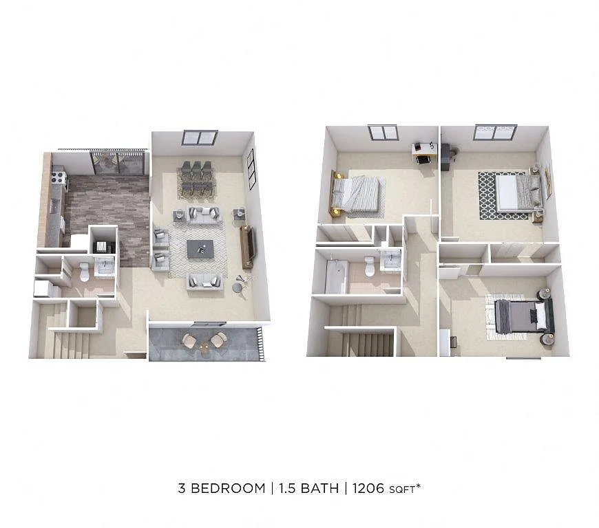 Floor plan Three Bedroom 1.5 Bath Townhome