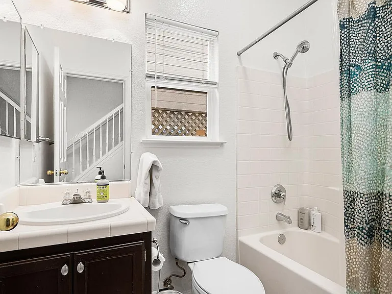 Downstairs bathroom with shower over tub.
